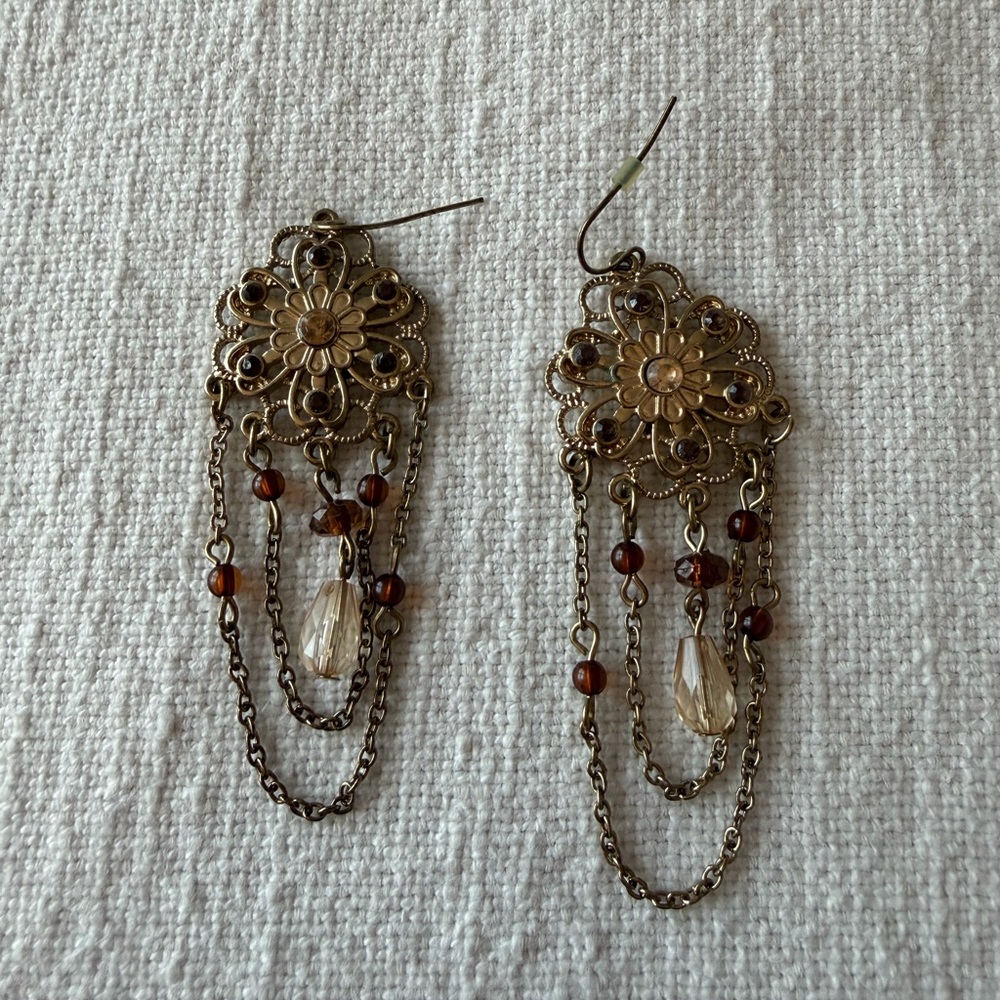 Gold and Brown Chandelier Earrings